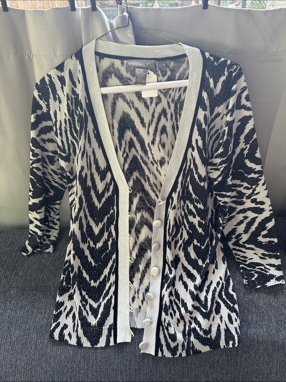 Kenar Black White silver metallic Animal Zebra Print Button Front Cardigan sz M
